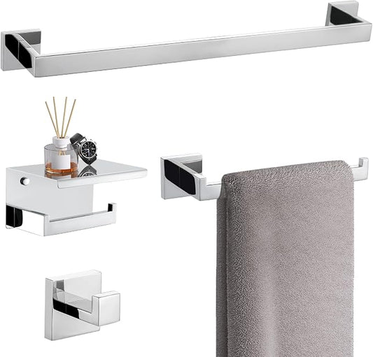 TURS 4-Piece Bathroom Hardware Set Bath Towel Bar Set 24 Inch Towel Holder Set for Bathroom Wall Mounted Stainless Steel Bathroom Accessories Set Polished