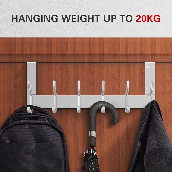 Over The Door Hanger 12 Hooks Silver, Door Hooks for Hanging Clothes, Coats, Towels, 44Ib Maximum Load Weight