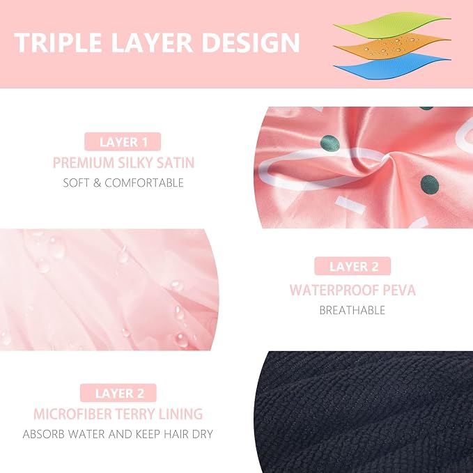 Aquior Shower Cap,Extra Large Triple Layer Bathing Cap with Dry Hair Function for Women Microfiber Terry Cloth Silky Satin 100%% Waterproof Reusable Long Hair Bath Caps (Pink Flora)