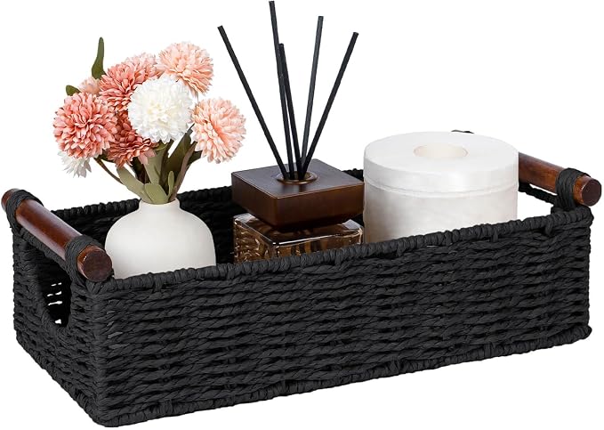 CubesLand Small Wicker Toilet Basket Tray Organizer W/Cut Out Handle, Handwoven Slim Decorative Basket for Countertop, Shelves And for Rustic Home Decor, Living Room, Nursery Organization, Black