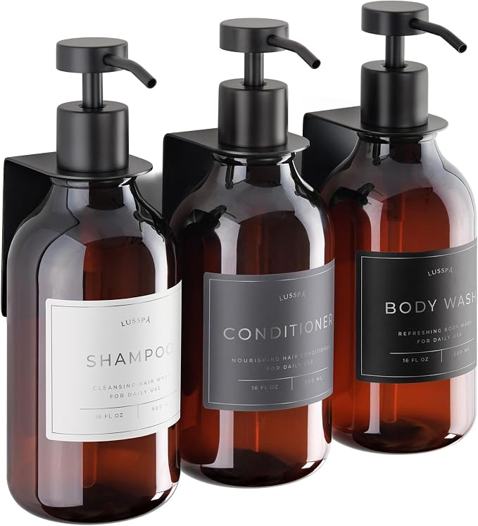 Shower Shampoo Dispenser Wall Mounted – 3 Refillable 16.9 oz Amber Bottles with Stainless Steel Pumps & No-Drill Adhesive Holders – Soap Dispenser Set for Bathroom (3 X Amber/Black)