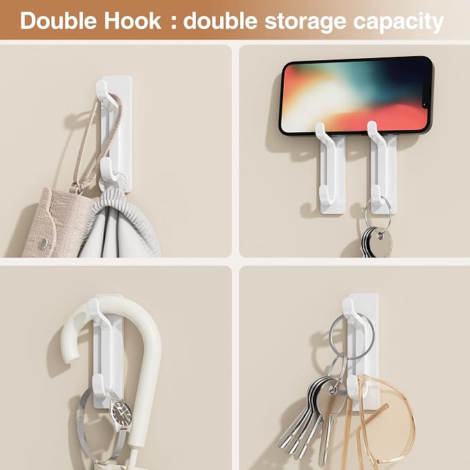 Self Adhesive Wall Hooks for Hanging: Extra Strong 13 LB, Hook for Coat, Towel in Bathrooms, Shower, Kitchen, Wall, Door Hook, White 4 Pack