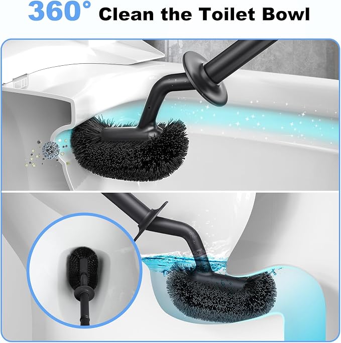 HAMITOR Toilet Bowl Brush Holder Set: Curved Design with Holder for Deep Cleaning Under Rim - Compact Hidden Cleaner Scrubber for Small Space - Home RV Bathroom Accessories - Black 2 Pack