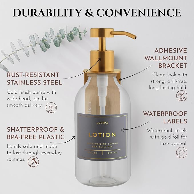 Shower Shampoo Dispenser Wall Mounted – 3 Refillable 16.9 oz Clear Bottles with Stainless Steel Pumps & No-Drill Adhesive Holders – Soap Dispenser Set for Bathroom (3 X Clear/Gold)