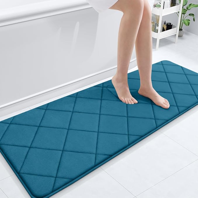 OLANLY Memory Foam Bath Mat 59x20, Ultra Soft and Absorbent Bathroom Rugs | Peacock Blue, Quick Dry, Machine Washable Shower Bath Rugs, Comfortable Bath Carpet for Bathroom Floor, Tub and Shower