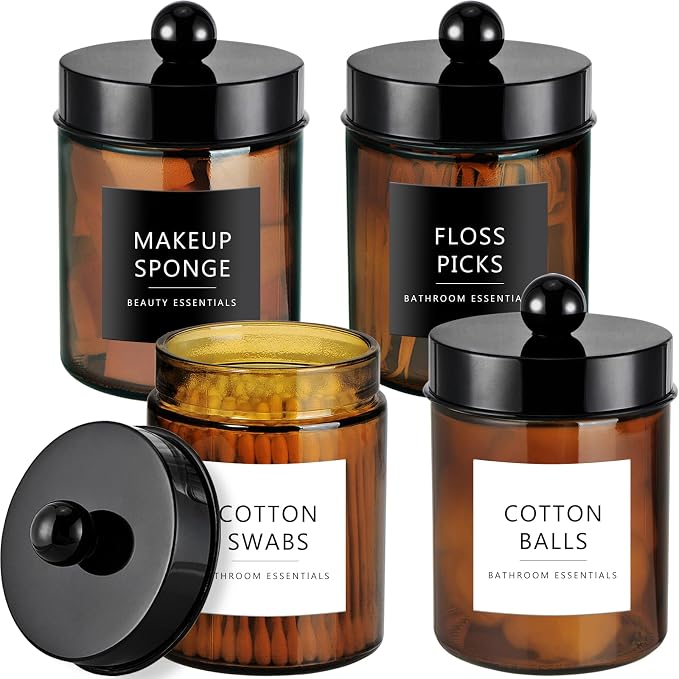 Amolliar Amber Glass Apothecary Jars Qtip Holder w/Plastic Lids,Black 4pc | for Bathroom Vanity Storage, Countertop, Farmhouse Style, Holds Cotton Swabs, Dental Floss, Makeup Sponges