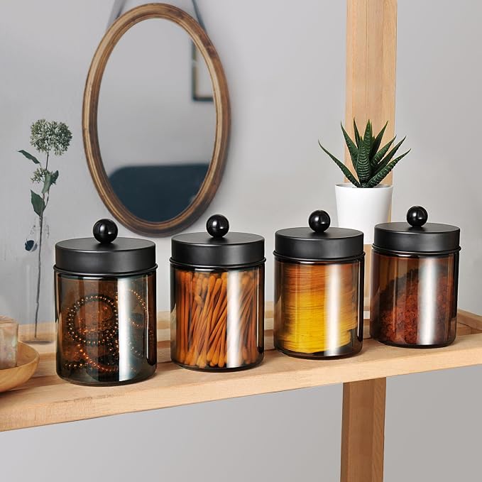 Amolliar Amber Glass Apothecary Jars Qtip Holder w/Metal Lids,Black 4pc | for Bathroom Vanity Storage, Countertop, Farmhouse Style, Holds Cotton Swabs, Dental Floss, Makeup Sponges