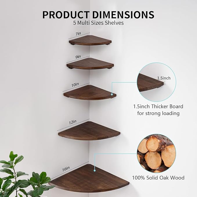 Gieanoo Corner Wall Shelf,16inch Solid Oak Wood Floating Corner Shelf with Wire Hole Corner Wall Storage Display Shelves for Living Room Bedroom Bathroom Kitchen(Walnut)
