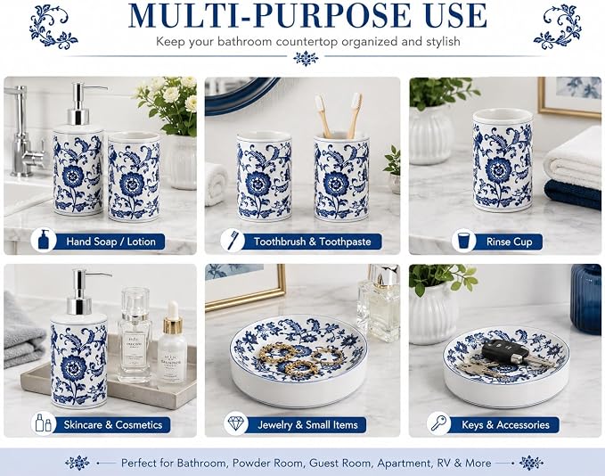 4 Piece Blue and White Ceramic Bathroom Accessories Set, Chinoiserie Floral Soap Dispenser, 2 Toothbrush Holders/Tumblers and Soap Dish, Porcelain Style Bath Countertop Decor