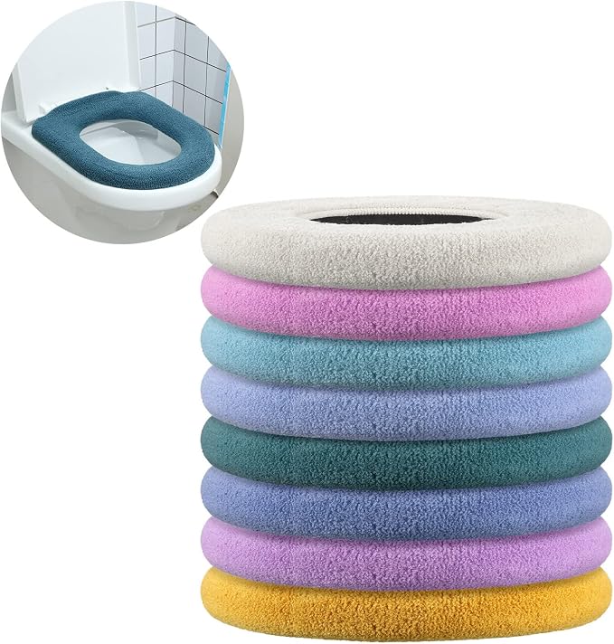 Kingdder 8 Pcs Toilet Seat Cover Washable for Bathroom Elongated Toilet Seat Cushion Pads Soft Stretchable Toilet Seat Warmer Thicker Easy Installation Commode Seat Cover Decors, 8 Colors(Flat)