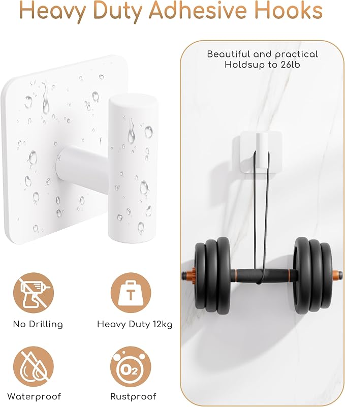 Aikzik 4 Pack Large Heavy Duty Wall Hooks - 26lb Max, Stainless Steel Adhesive Towel Hook, Shower Hooks for Hanging Towel, Coat, Robe, Wall Hook for Use in Bathroom, Kitchen and Door, White