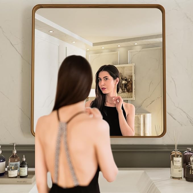 LOAAO 36X36 Inch Bathroom Mirror with Wood Grain Colored Metal Frame | Rounded Rectangle, Anti-Rust, Hangs Horizontally or Vertically, Tempered Glass