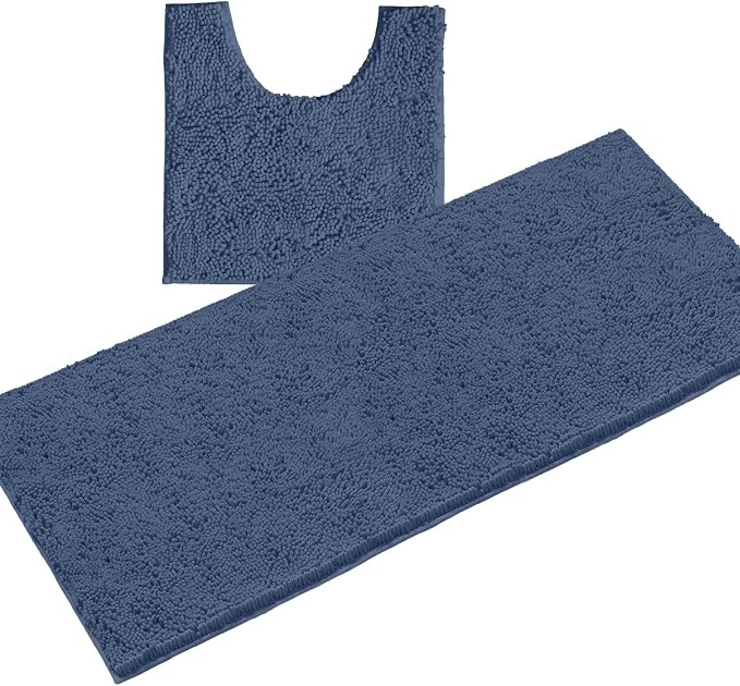 LuxUrux 2-Piece Bathroom Rug Set – Plush Chenille Runner & U-Shaped Toilet Mat, Soft, Absorbent & Non-Slip Design (20x20 U & 27x47 inches, Medium Blue)