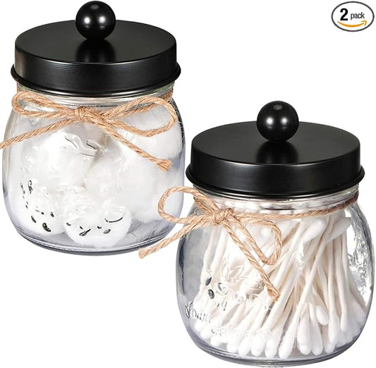 SheeChung 2 Pack Qtip Holders, Black Bathroom Decor, Cotton Swab Holders, Bathroom Jars, Restroom Decor for Cotton Balls, Pads, Floss Picks - Black