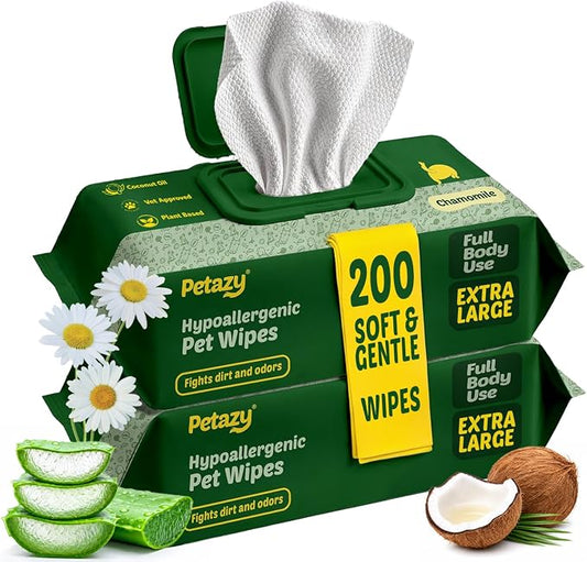 Pet Wipes for Dogs & Cats - Paws, Ears & Butt Cleaning, 200 Count | Chamomile, Hypoallergenic for Sensitive Skin, XL, Extra Thick, Tear-Resistant, Deodorizing, Aloe & Coconut Oil, 2 Packs
