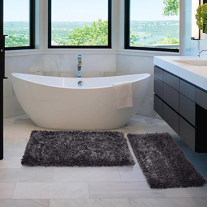 Yimobra Bathroom Rug Set 2 Piece, Luxury Shaggy Bath Mat Set with Non Slip Backing, Ultra Soft & Absorbent Mats for Bathroom Floor, Machine Washable, 44"x24"+24"x17", Dark Grey