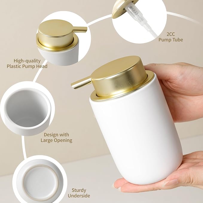 BosilunLife Lotion Pump Dispenser for Bathroom, Kitchen, Countertop | Hand Soap Dispenser Bathroom Ceramic Dish Liquid Soap Dispenser (White with Gold, Liquid Pump)