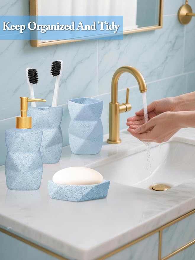 Bathroom Accessories Set - 4-Piece Ceramic Bathroom Set | Soap Dispenser, Toothbrush Holder, Tumbler, Soap Dish, Modern Blue Home Decor, Gift Idea for Housewarming