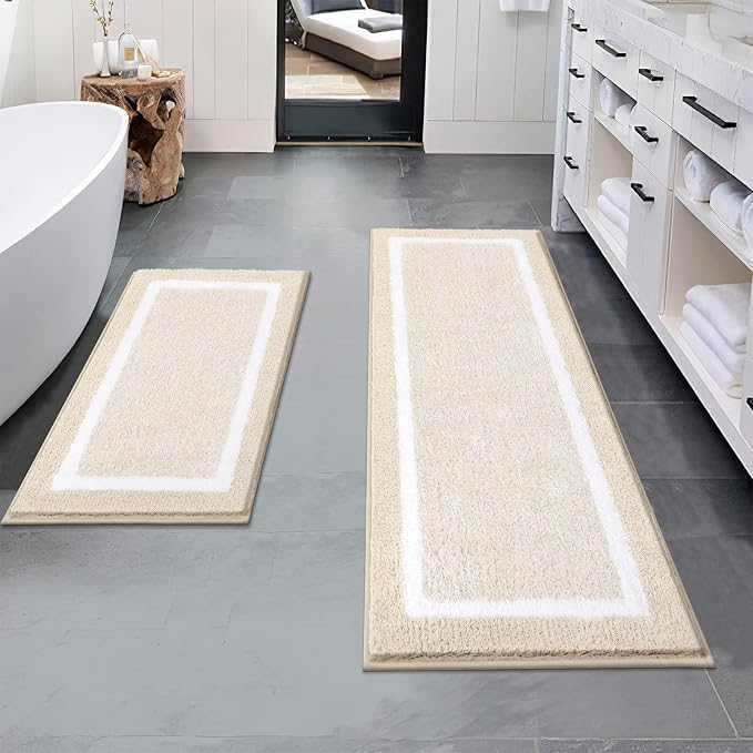 Pauwer Bathroom Rugs Sets 2 Piece, Non Slip Washable Bath Mat, Light Beige | Soft Plush Microfiber, Super Absorbent Floor Carpet, Quick Dry, Shaggy Shower Rug Runner
