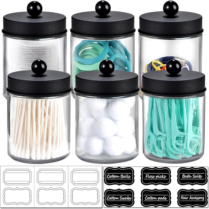 Amolliar 6Pc Apothecary Jars Bathroom Vanity Organizer- Rustic Farmhouse Decor Storage with Stainless Steel Lids- Qtip Dispenser Holder for Q-Tips, Cotton Swabs, Rounds, Ball, Flossers (Black)