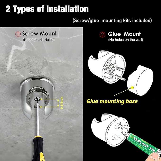 Handheld Shower head Holder - All Metal - Adhesive and Screw in Installation - Minimal Design Bathroom Wall Mount Shower sprayer Holder (Polished Chrome)