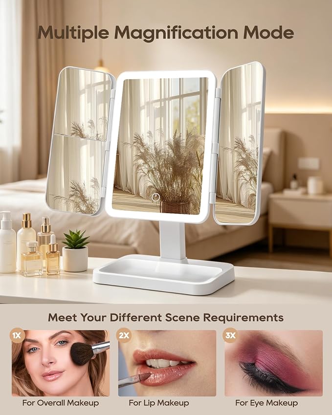BWLLNI Trifold Vanity Mirror with Lights, Diamond Lattice Makeup Mirror | 2X/3X Magnification, 3 Colors Dimmable, 270° Rotation, Height Adjustable Stand with Storage Base
