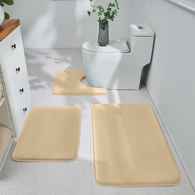 HUXMEYSON 3-Piece Memory Foam Bathroom Rug Set, Khaki | Quick Dry Velvet Surface, Non-Slip & PVC Backing, Ultra Soft Bath Rugs for Bathroom, 17"x24"+20"x32"+U Shape 20"x24"