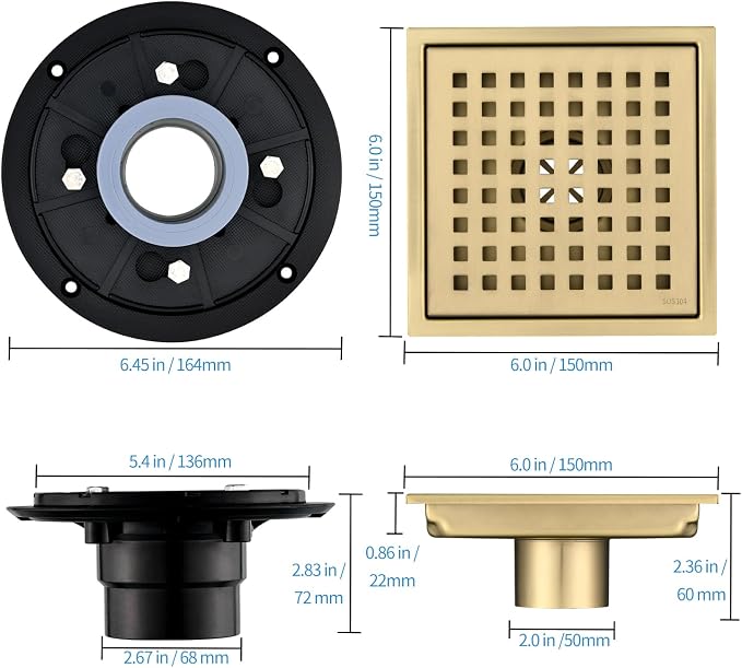 6 Inch Shower Drain 304 Stainless Steel Brushed Gold Square Shower Floor Drain Kit with Flange, Removable Cover Grille, Hair Filter for Bathroom, Kitchen, Balcony