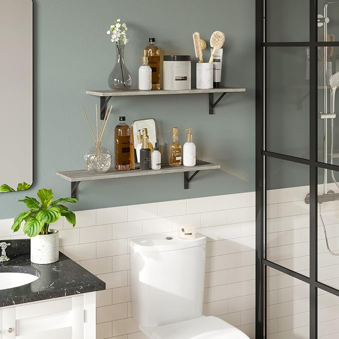 DINZI LVJ Wall Shelves, 23.6 x 7.9 x 6.1 Inch Floating Shelves for Wall, Set of 2, Easy-to-Install Wall Storage Ledges with Sturdy Metal Brackets for Living Room, Bathroom, Kitchen, Gray Wash