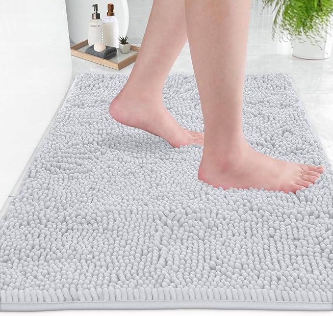 LuxUrux 3-Piece Bathroom Rug Set – Plush Chenille Bath Mats & U-Shaped Toilet Mat, Ultra-Soft, Absorbent & Non-Slip (20x20 U, 16x24 & 20x30 inches, White)