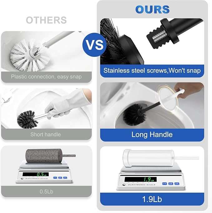 304 Stainless Steel Toilet Brush and Holder Set, Heavy Duty Toilet Bowl Brush and Holder with Removable Inner Bowl, Splash Protection, Long Handle for Bathroom