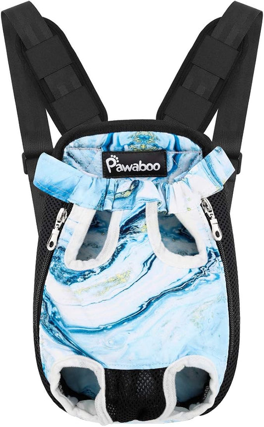 Pawaboo Pet Front Carrier Backpack for Small Medium Dogs | Legs Out Easy-fit,Adjustable Straps,Hands-Free,Soft Padded Support for Travel Hiking Cycling Camping,Blue Marble,S