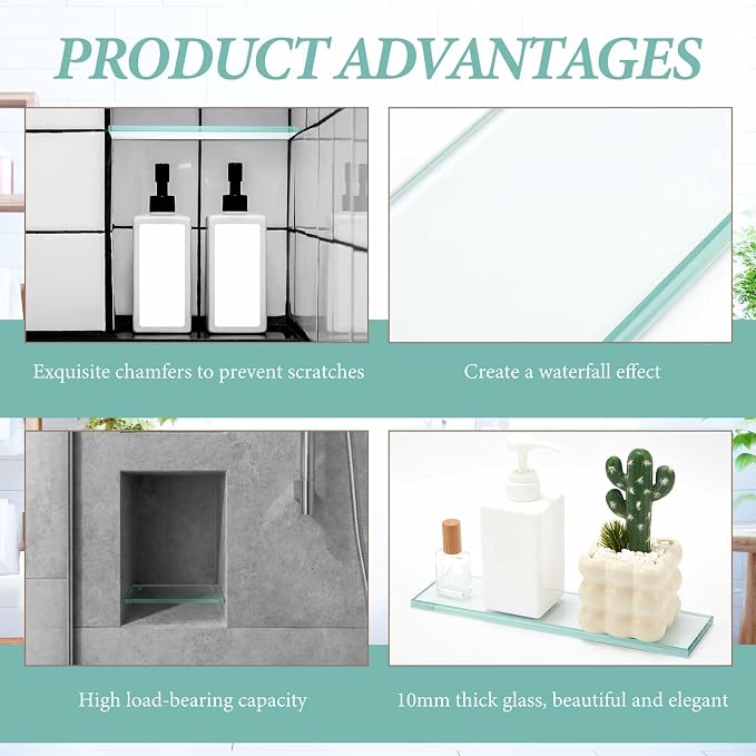 Teenyyou 1 Pcs 13-5/8" x 4-1/4" x 3/8'' Glass Shelf for Shower Niche, Tempered Glass Shelf Floating Shelves for Bathroom Essentials DIY Storage Decoration, Easy Install Support Plate