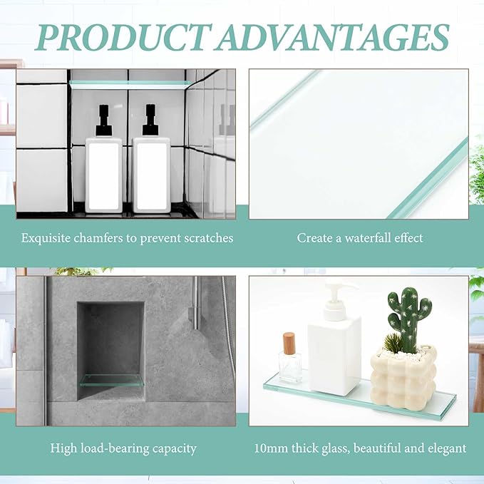 Teenyyou 2 Pcs 3-3/8" x 12" 3/8" Thick Tempered Glass Shelf Clear Flat Polished, Flush-Mounted Floating Shelf for Bathroom Essentials & Shower Niche No Mounting Hardware Required