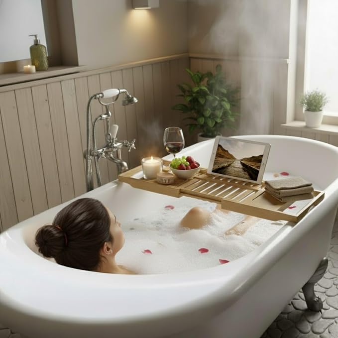 Bamboo Bathtub Caddy Tray with Extending Wood Sides -Fits Any Bath, Hot Tub and Jacuzzi