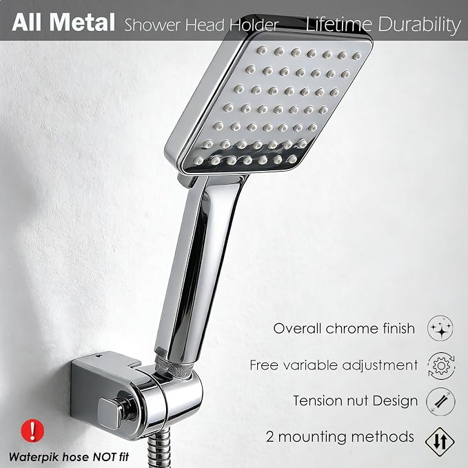 Wall Mount Handheld Shower Head Holder - All Metal -360 Variable Adjustable - Adhesive Or Screw Installation - Universal Shower Hose Holder - (Polished Chrome)