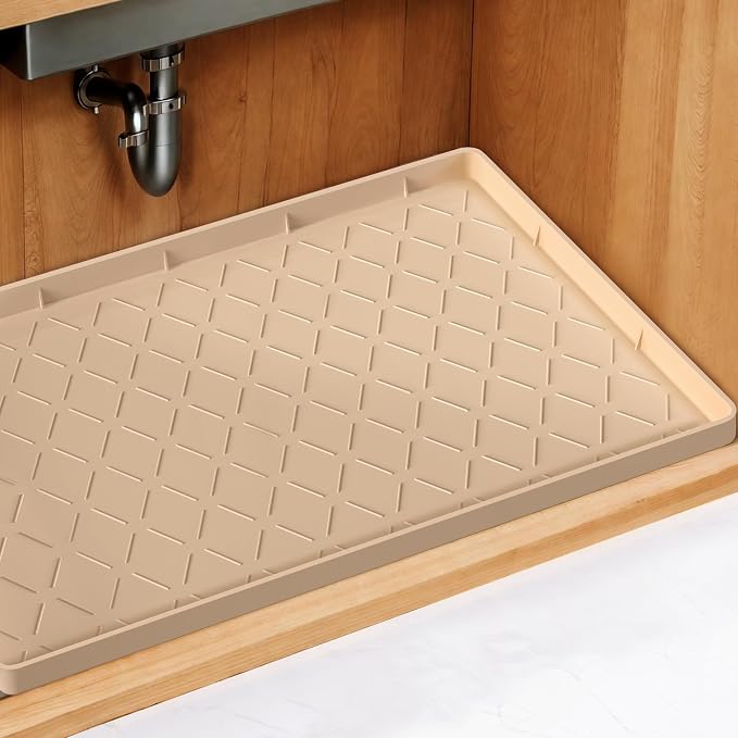 Mateeylife Under Sink Mats for Kitchen Waterproof 31"X22", Undersink Protectors，Silicone Mat Cabinet Liner, Under Sink Organizer for Bathroom and Kitchen，Boot Tray Pet Food Mat, Beige