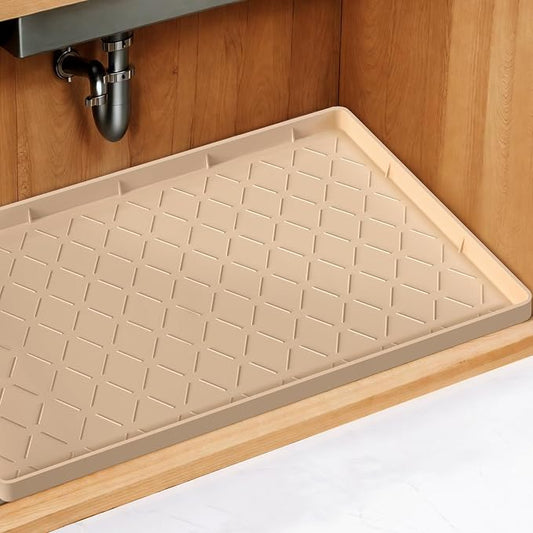 Mateeylife Under Sink Mats for Kitchen Waterproof 31"X22", Undersink Protectors，Silicone Mat Cabinet Liner, Under Sink Organizer for Bathroom and Kitchen，Boot Tray Pet Food Mat, Beige