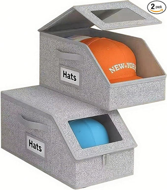 2 Pack Hat Organizer Box for Women & Men, Foldable Storage Box with Clear Lid for Baseball, Cowboy Caps, Stackable Clear Hat Organizer, Store up to 28 Caps, Grey