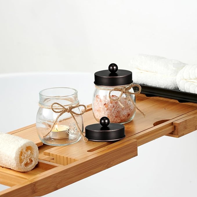 SheeChung Small Glass Mason Jar Qtip Holder with ORB Stainless Steel Lid | Clear Apothecary Jar Canisters Set,Bathroom Jar Dispenser,Vanity Storage Organizer for Cotton Swab,Ball,Floss,Farmhouse Decor