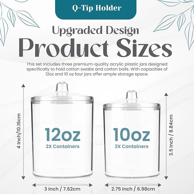 Qtip Holder Set, 4 Pack Clear Plastic Apothecary Jars with Lids — Cotton Swabs Holder, Cotton Balls Storage, Bathroom Canisters & Vanity Organizer for Q-Tips, Floss Picks