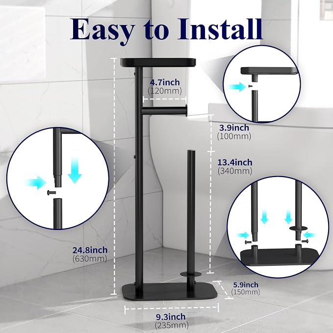 Kitsure Metal Toilet Paper Holder Free Standing, Medium, Black | Rustproof Toilet Paper Stand for 4 Rolls, Bathroom Organizers and Storage with Anti-Slip Base and Plastic Shelf