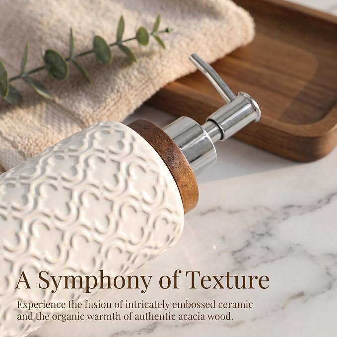 RQYIXI Ceramic 4-Piece Bathroom Accessories Set,White | Countertop Essentials Embossed Textured Design Solid Wood Non-Slip Detail Pearl White Finish