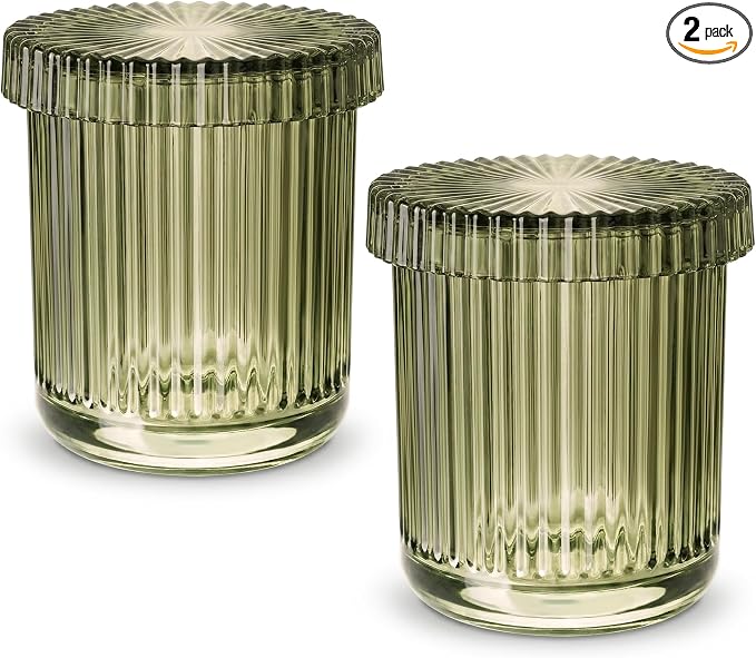 2 Pack Qtip Holder - Apothecary Jars with Lids, Bathroom Organizers and Storage Canister for Cotton Balls,Swabs,Floss Picks,Hair Ties,Clear Glass Vintage Bathroom Decor Jar Set (green2)