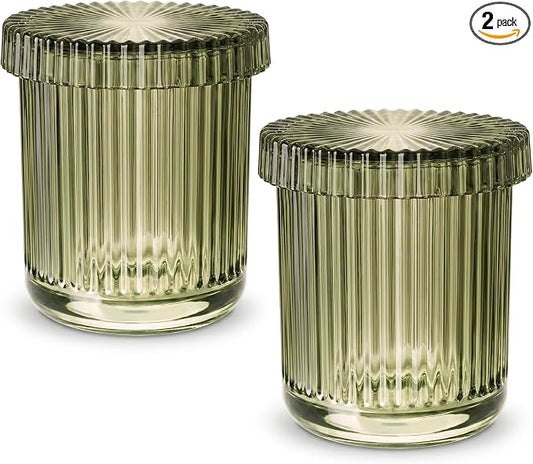 2 Pack Qtip Holder - Apothecary Jars with Lids, Bathroom Organizers and Storage Canister for Cotton Balls,Swabs,Floss Picks,Hair Ties,Clear Glass Vintage Bathroom Decor Jar Set (green2)