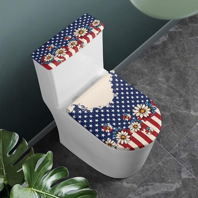 Toilet Lid & Tank Covers for Bathroom American Flag Toilet Lid Cover Round Non Slip Elongated Set 250th Anniversary of USA Decor