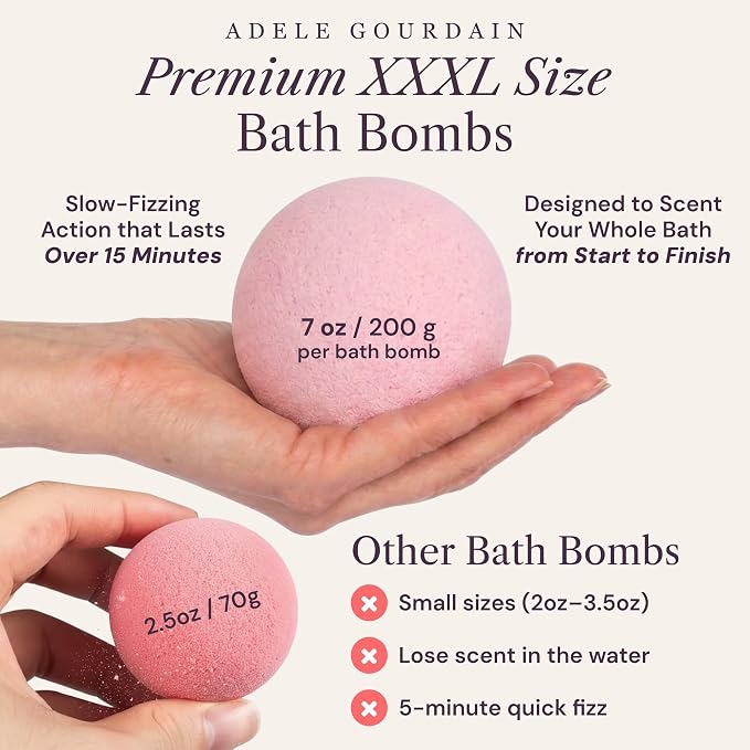 XXXL Bath Bombs for Women, 7pc, Birthday Gifts for Women by AdeleGourdain | Bathbombs Bath Gift Set for Women - 7 Spa Scents - Gift Box Included - Non-Staining - Bubble Bathbombs for Adults - Large 7oz