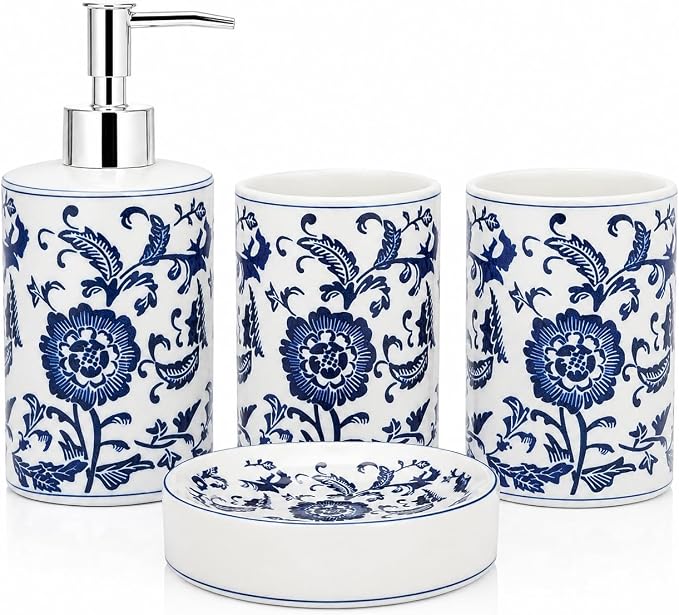 4 Piece Blue and White Ceramic Bathroom Accessories Set, Chinoiserie Floral Soap Dispenser, 2 Toothbrush Holders/Tumblers and Soap Dish, Porcelain Style Bath Countertop Decor