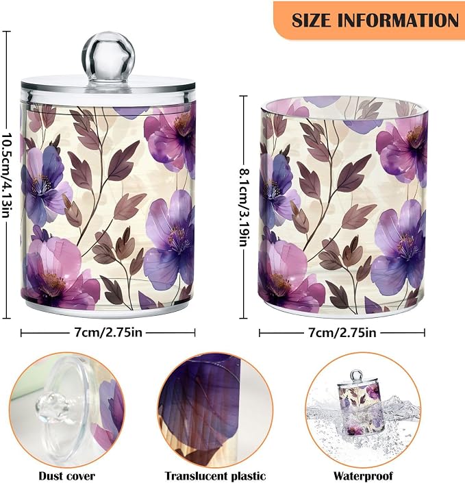 ALAZA 4 Pack Qtip Holder Dispenser Purple Tulip Flower Beige Cotton Ball Cotton Swab Round Pads Floss Clear Bathroom Storage Containers Plastic Apothecary Jars with Lids