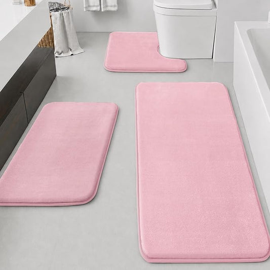 Bathroom Rugs Sets 3 Piece, Non-Slip & Quick Dry Bath Mat Set, Ultra Soft Velvet Bath Rugs for Bathroom, Toilet and Shower Floor, Rose Pink